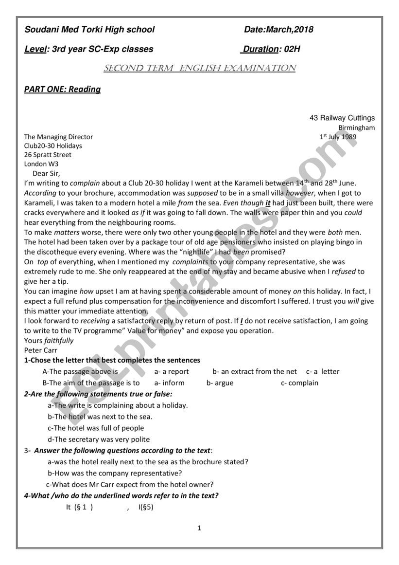 A letter Of Complaint ESL Worksheet By Teraanadia8 gmail