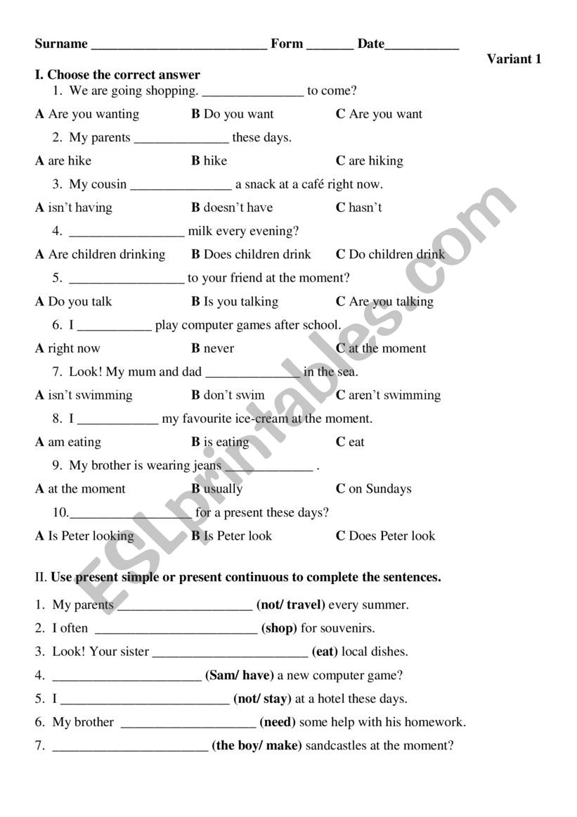 Present Simple Present Continuous Test ESL Worksheet By Nalehe