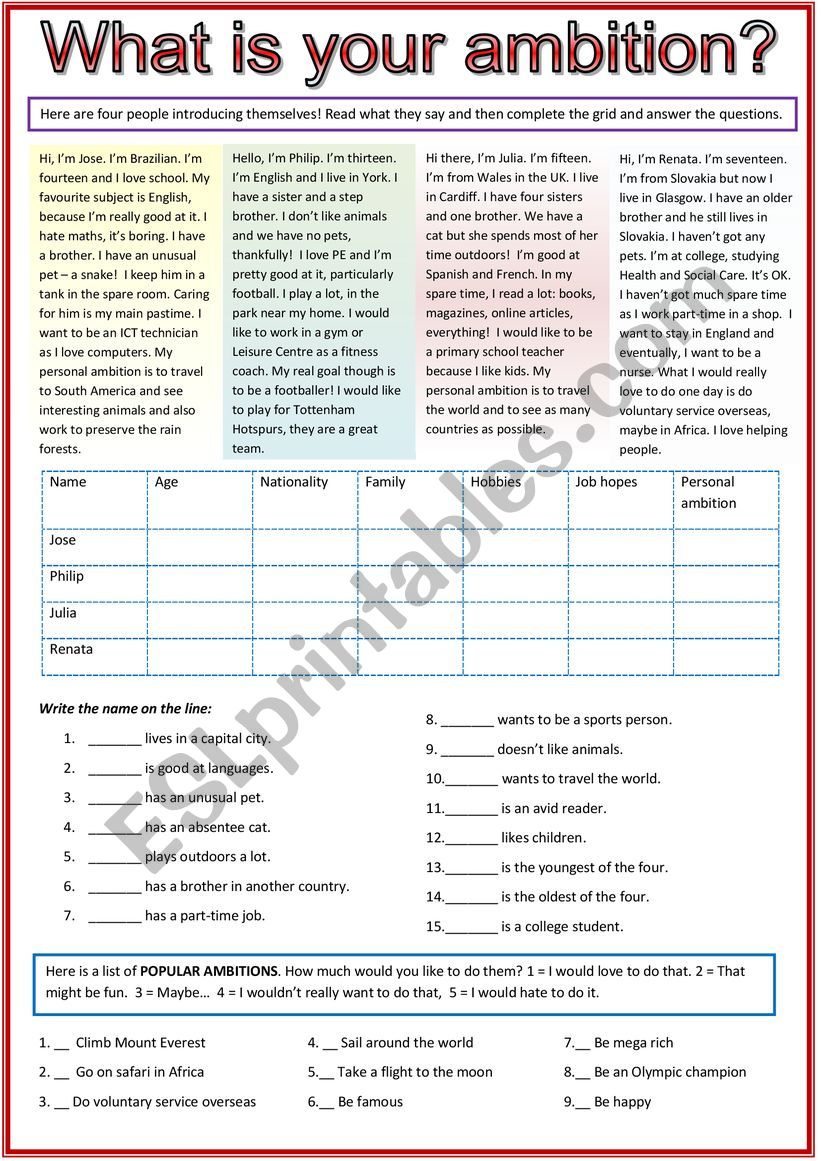 What Is Your Ambition ESL Worksheet By Cunliffe