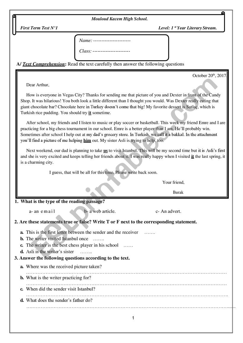 first term test  worksheet