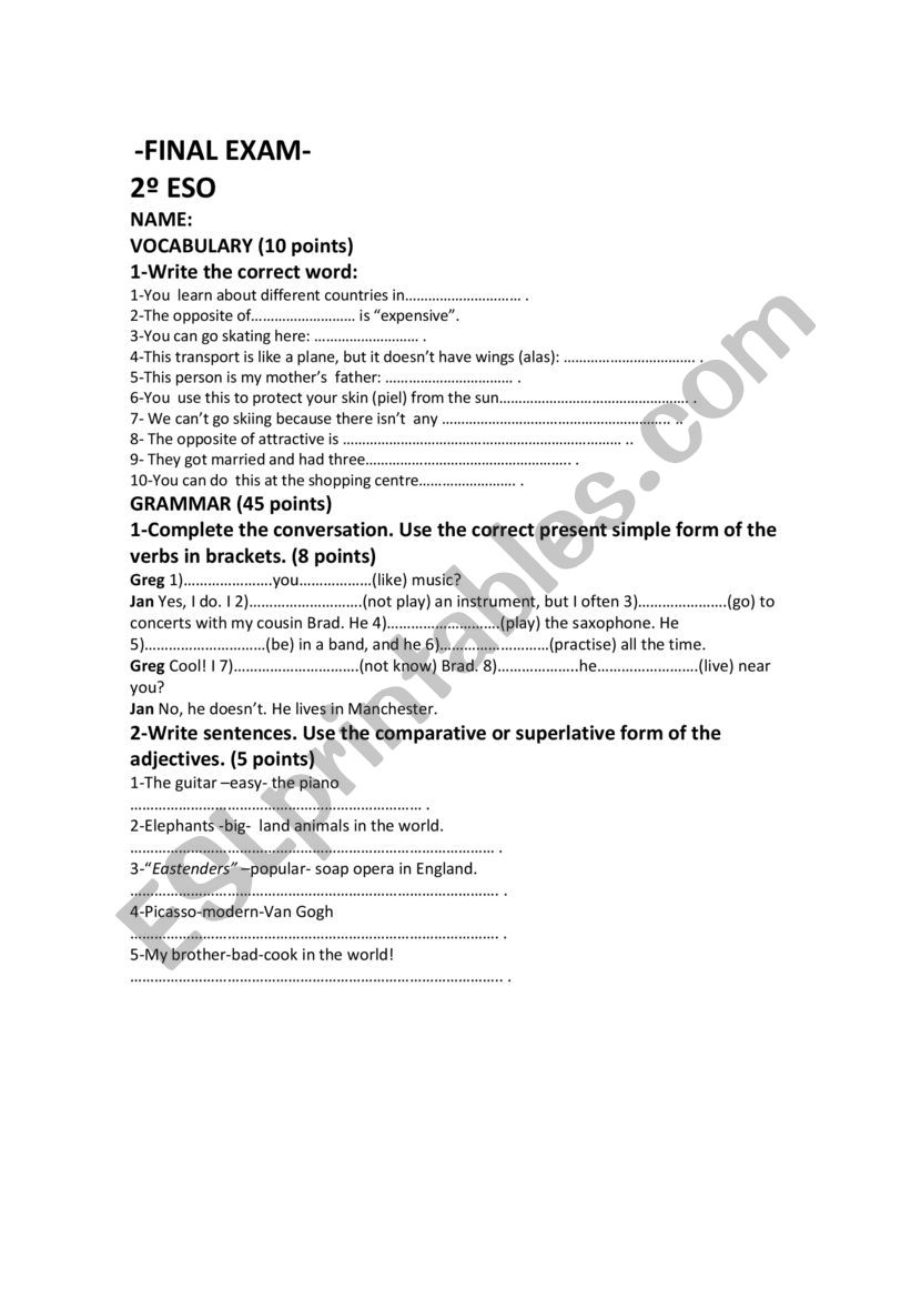 Final test 2 ESO worksheet