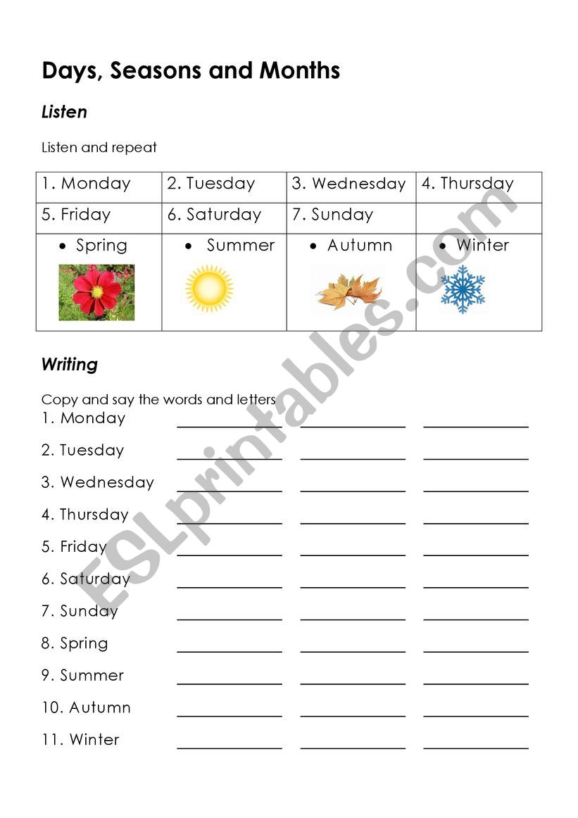 Days and Seasons worksheet