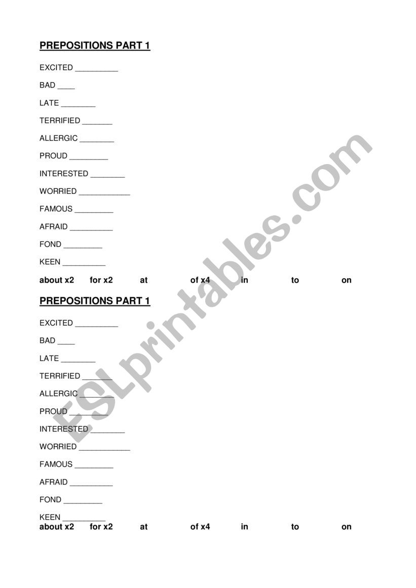 prepositions on in at  worksheet