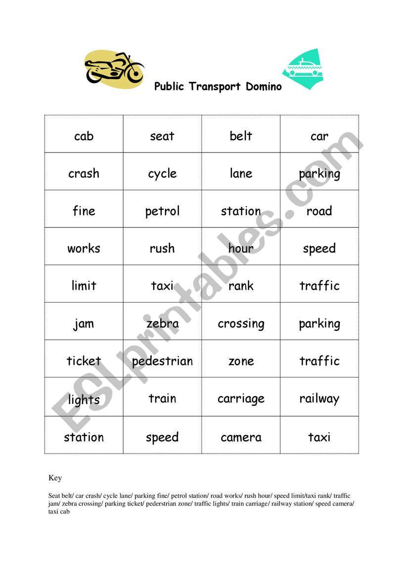 Public transport Domino worksheet