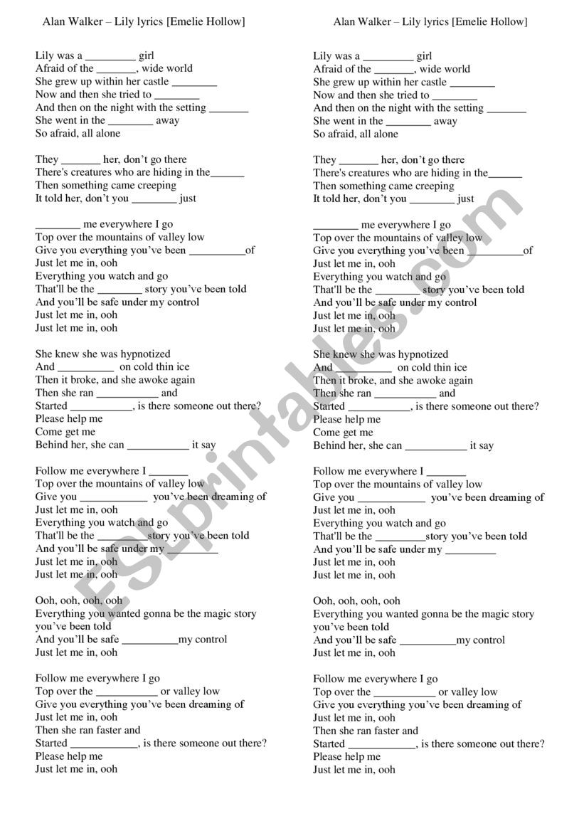 Lily Alan Walker Song Esl Worksheet By Ohamouddou - lily alan walker roblox id code