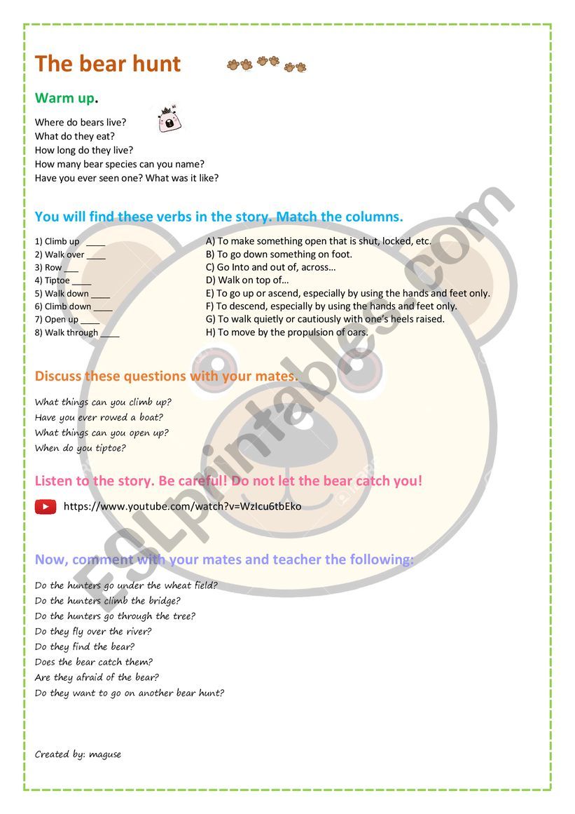 THE BEAR HUNT worksheet