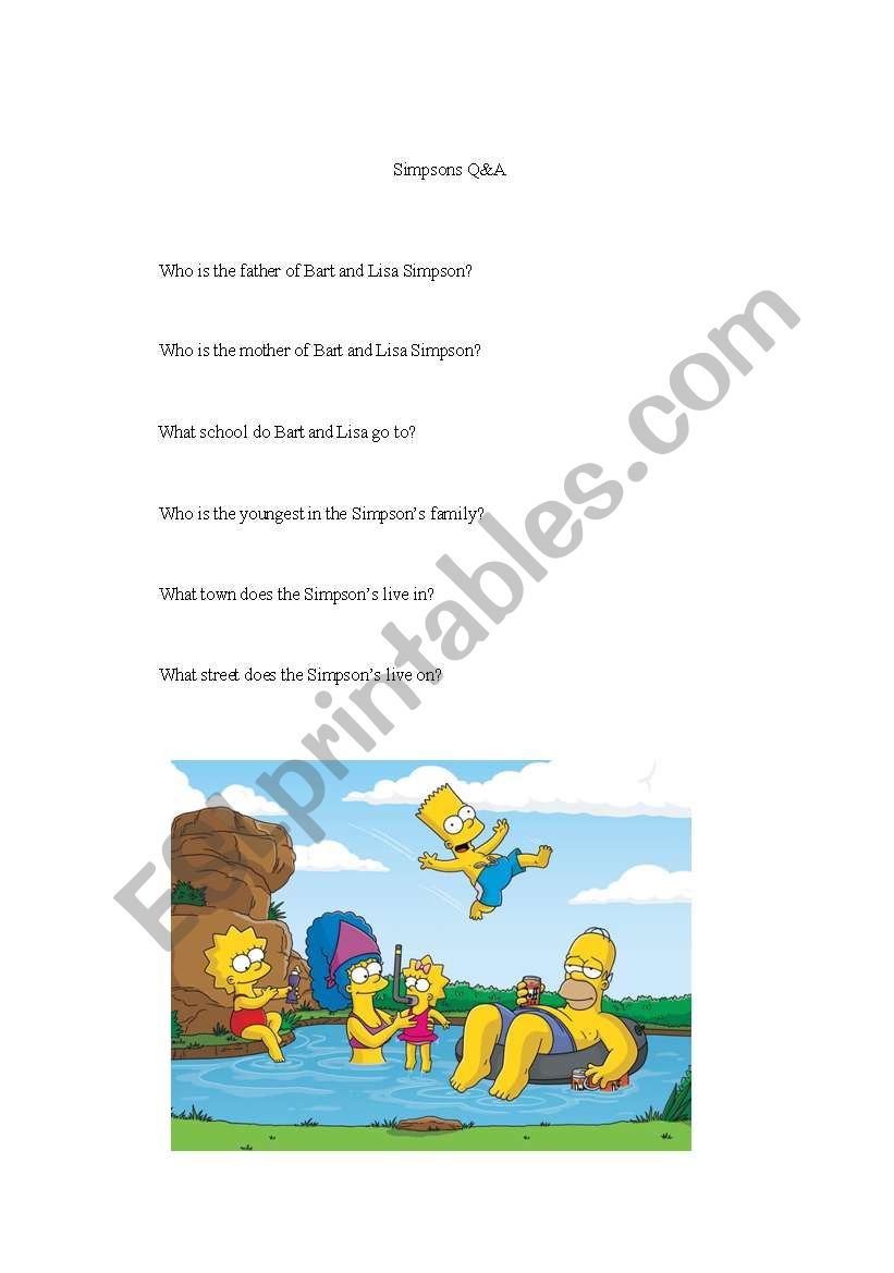 The Simpsons Family Questions worksheet