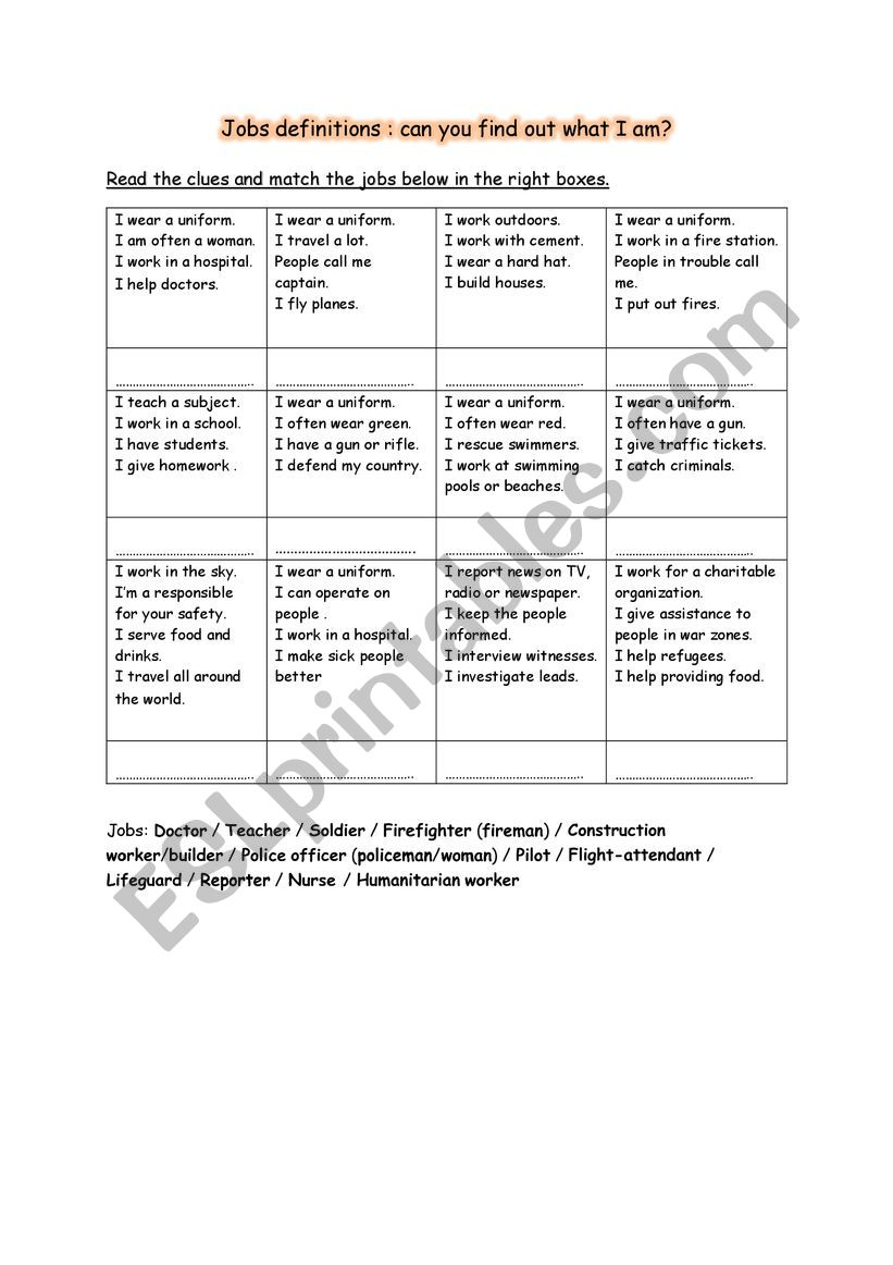 Jobs definitions worksheet