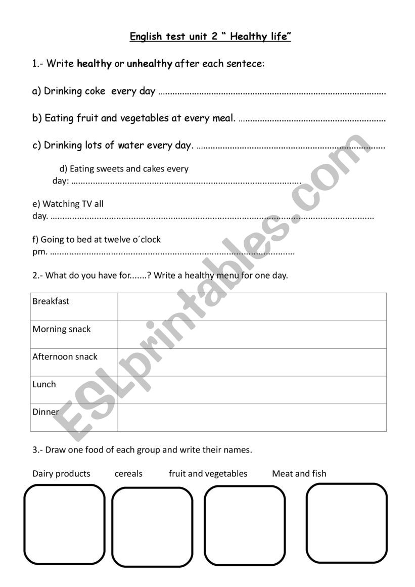 healthy life test worksheet