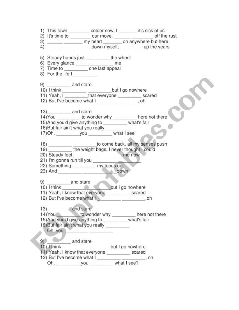 STOP AND STARE - ONE REPUBLIC worksheet