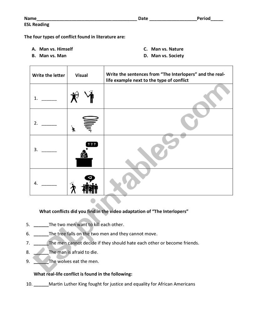 Conflict in Literature Review worksheet