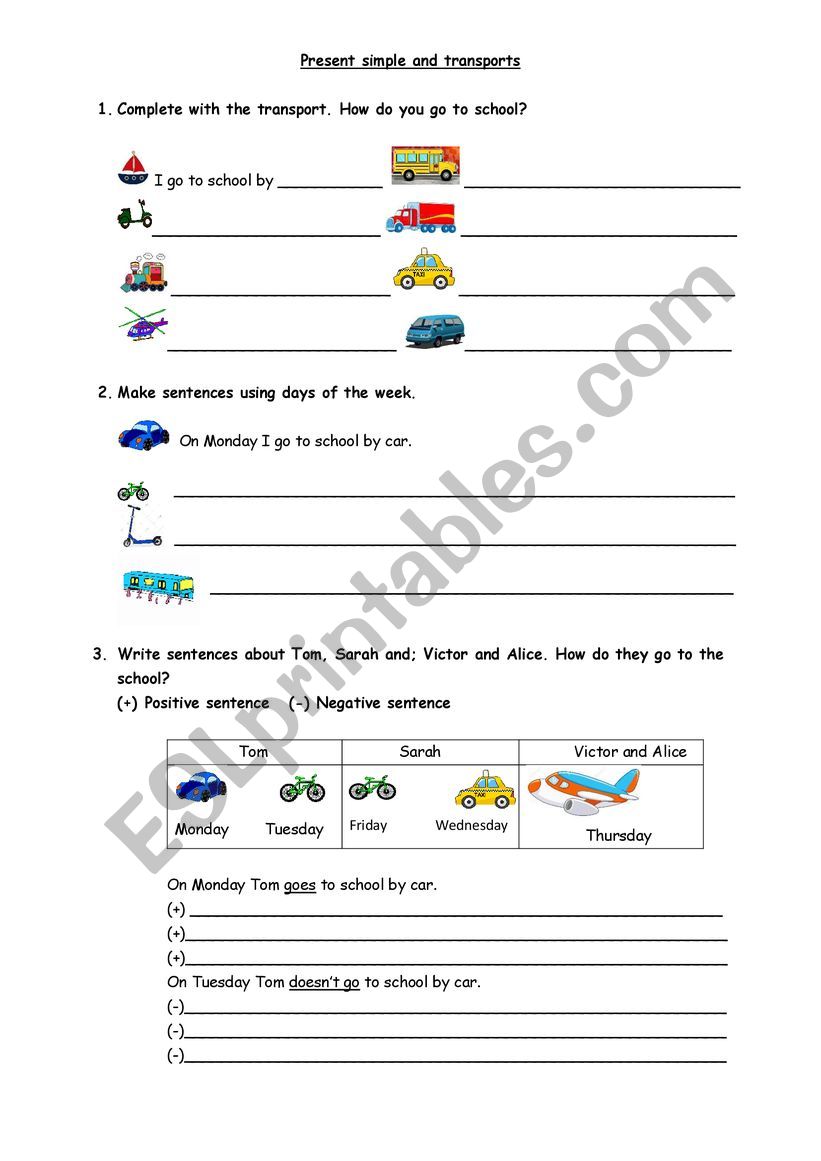 Present simple and transports worksheet