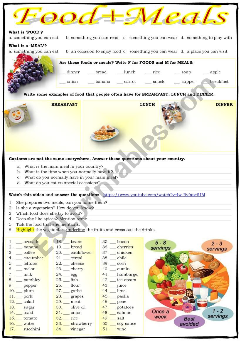 FOOD + MEALS - ESL worksheet by pilarmham