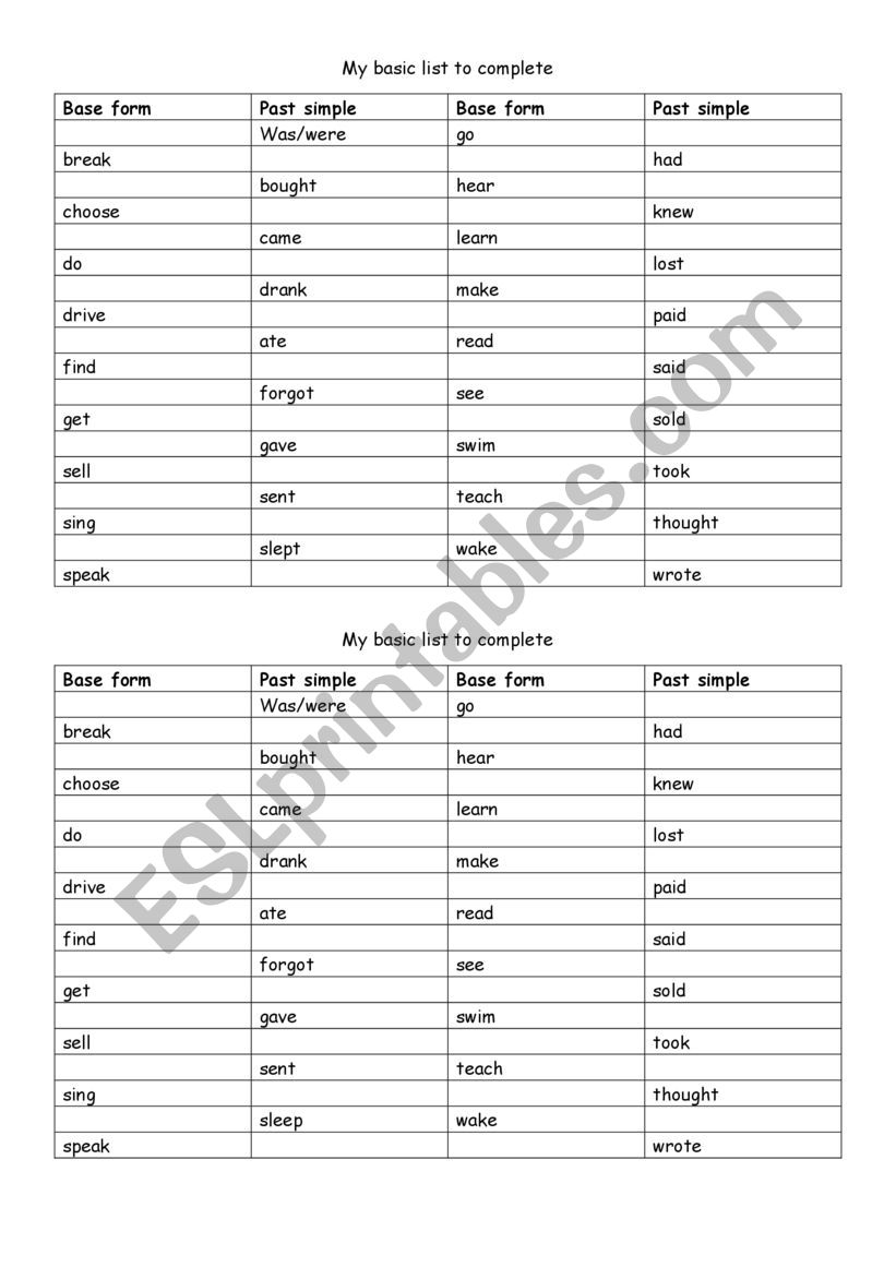 My basic verb list worksheet