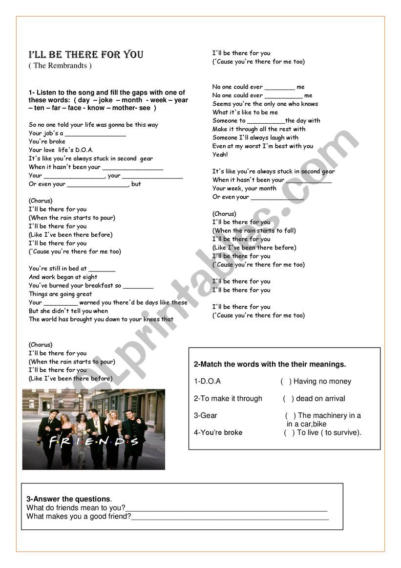 Friends -song worksheet