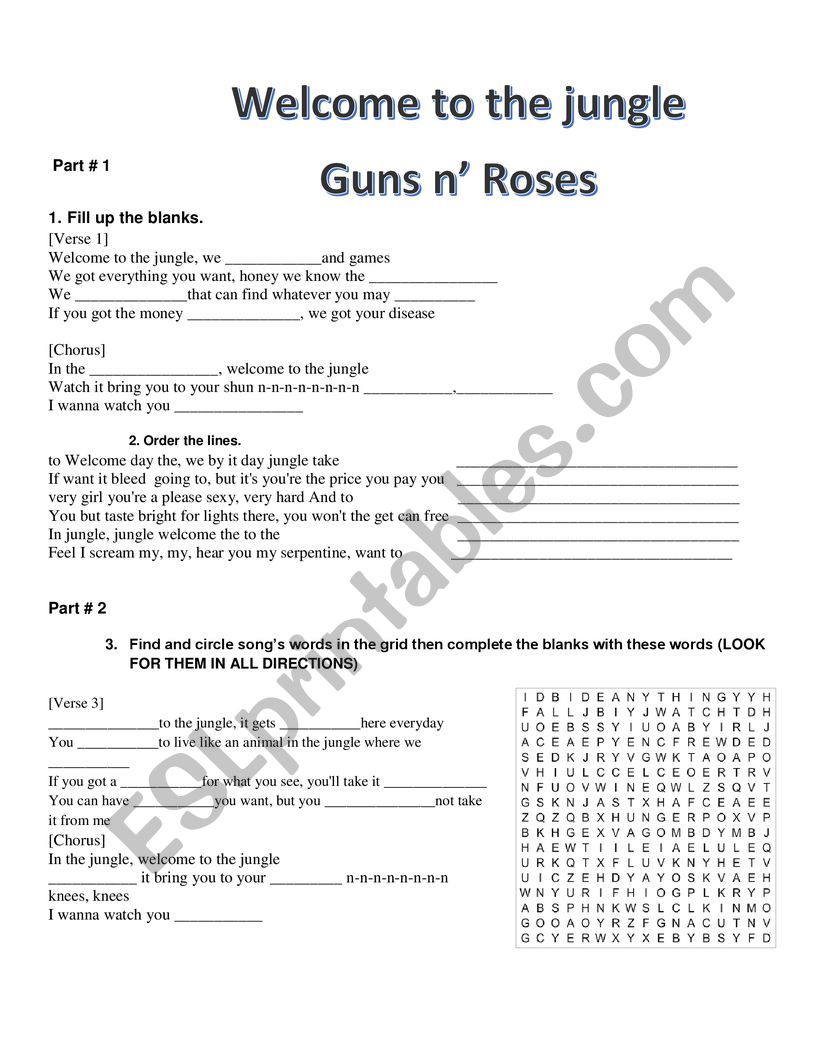 WELCOME TO THE JUNGLE SONG worksheet