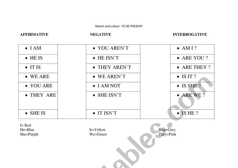 Match and Colour- To BE worksheet