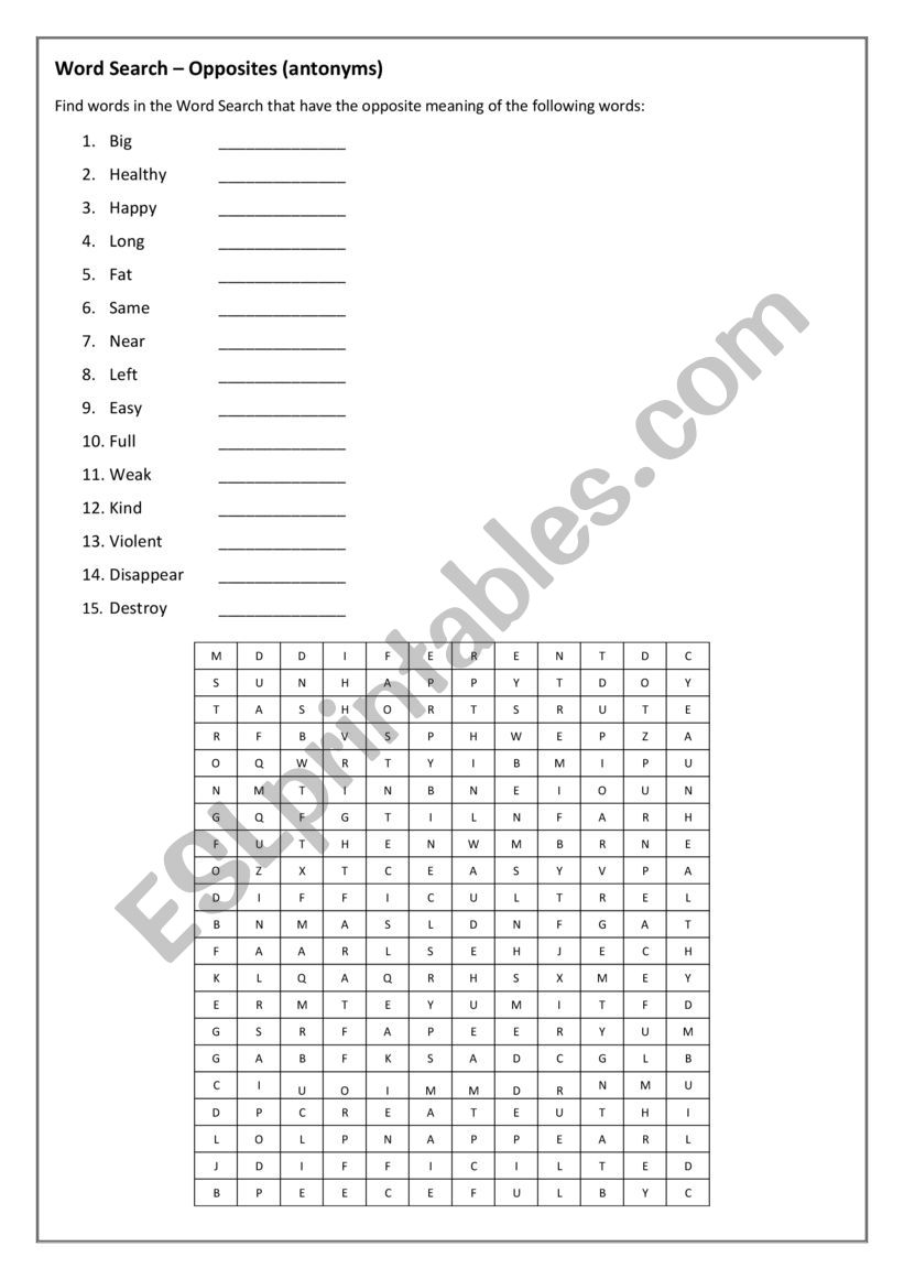 Antonyms Word Search ESL Worksheet By Li ann