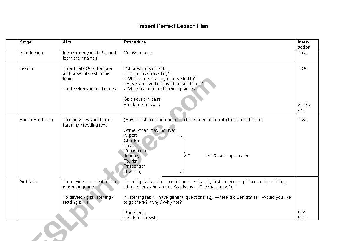 Present Perfect Lesson Plan ESL Worksheet By Jess giles