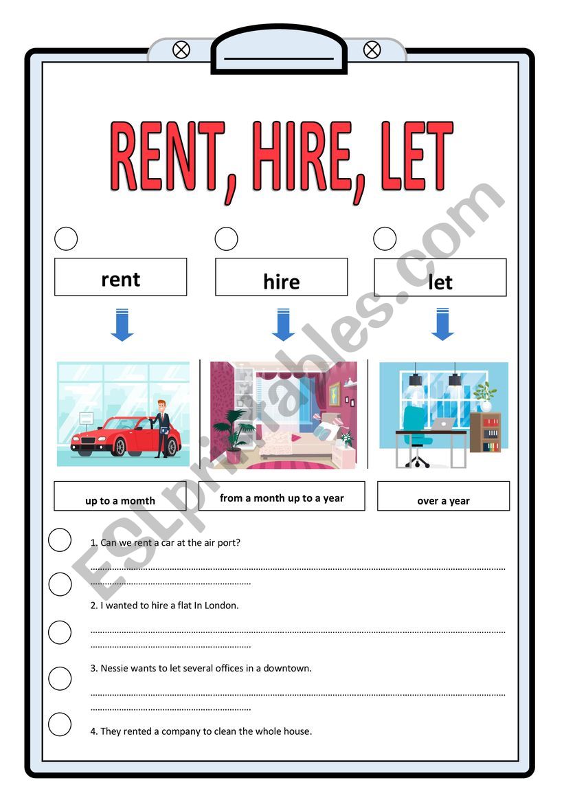 rent, hire, let worksheet