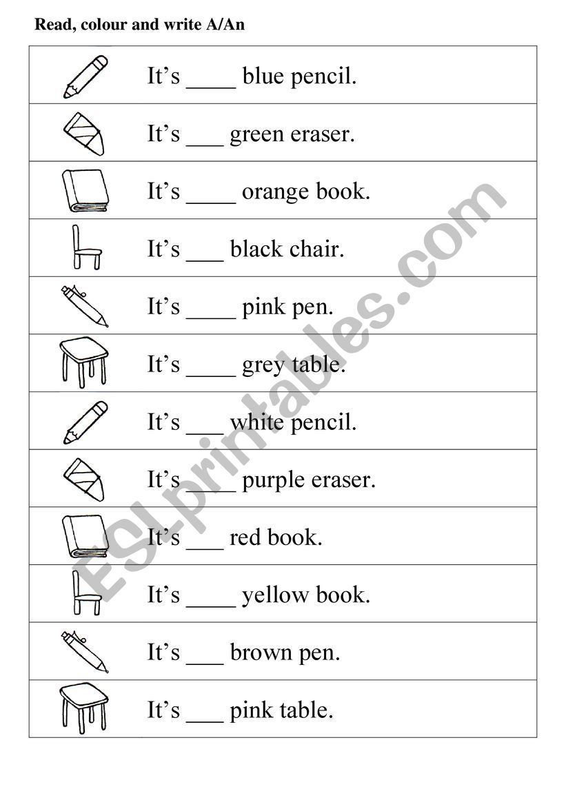 Read, write and colour worksheet