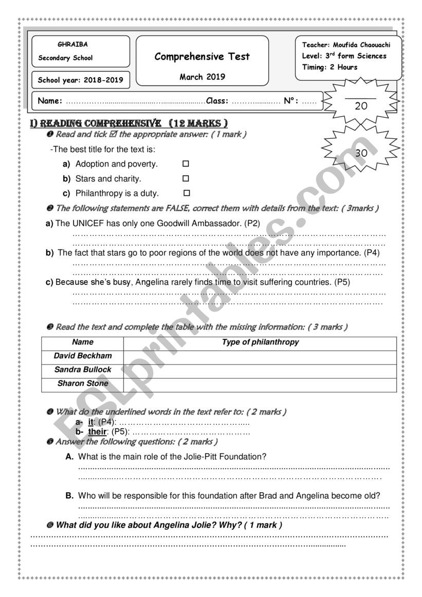 end of term test  3rd form sc  March 2019