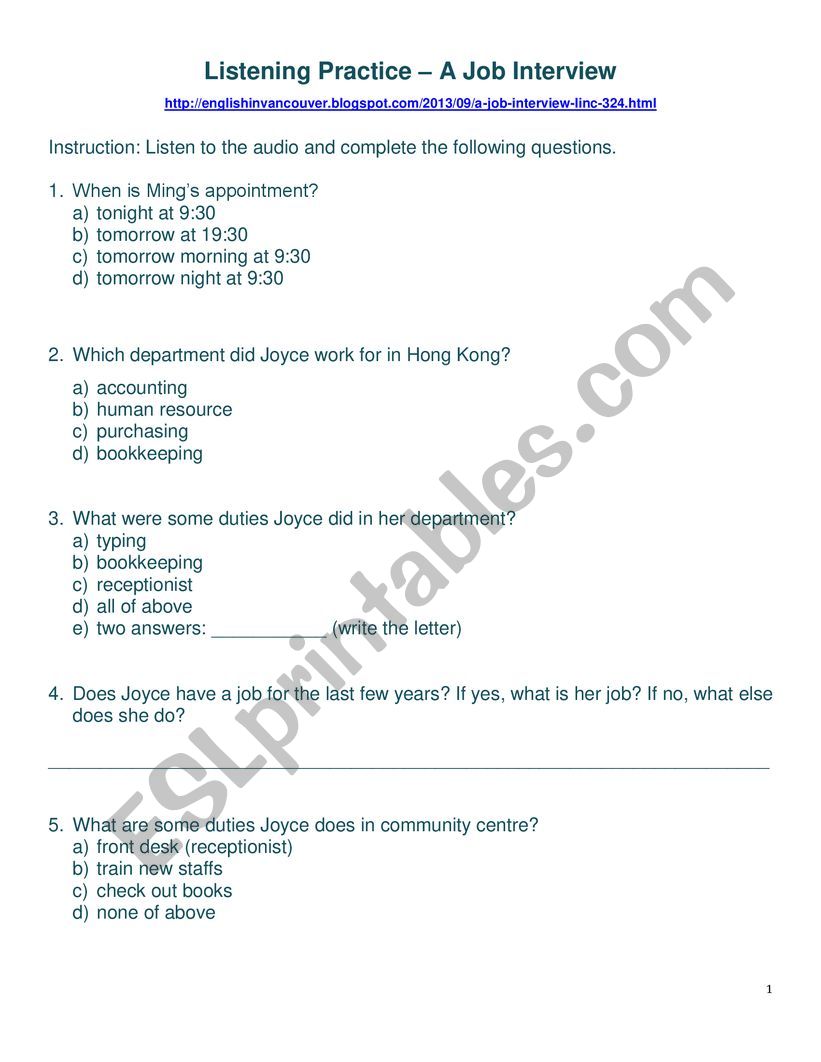 Listening Comprehension - Job interview