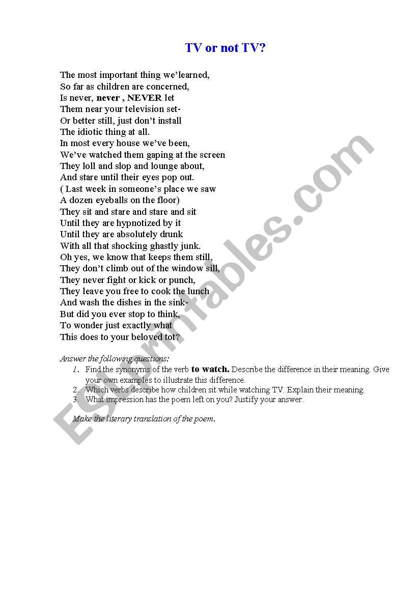 A TV poem worksheet