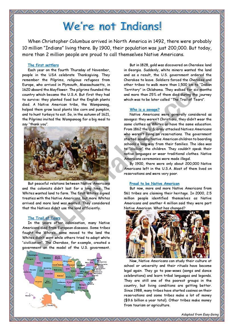 We´re not Indians! - ESL worksheet by mfraczek With Regard To Trail Of Tears Worksheet