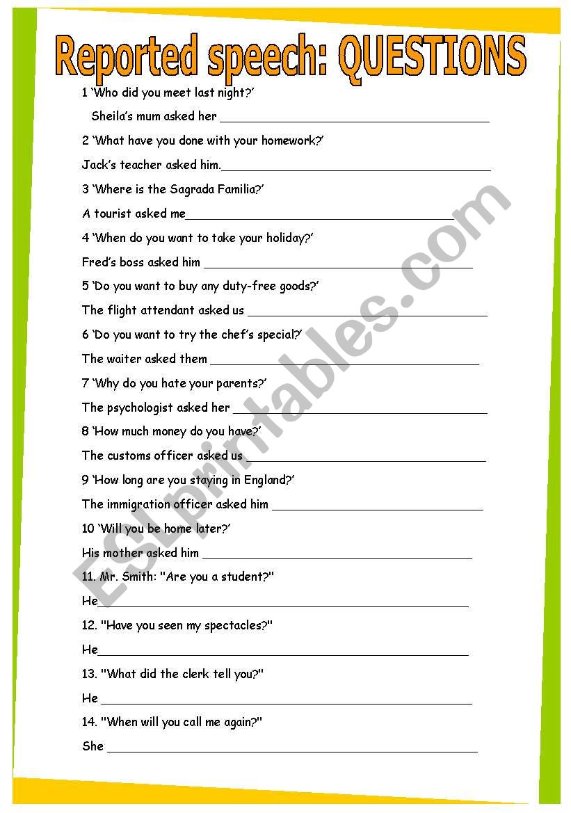 reported speech questions exercises pdf