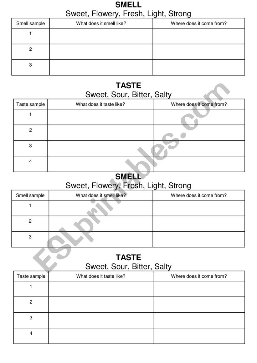 Senses table worksheet