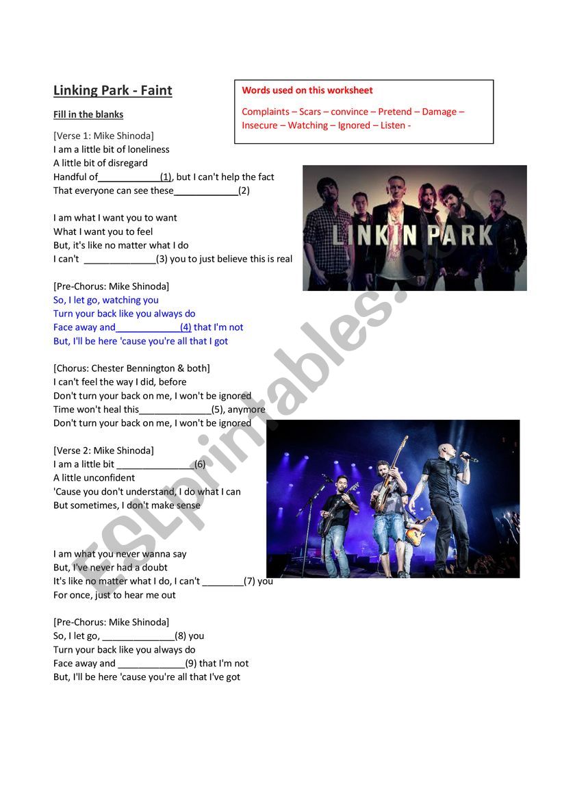 Linkin Park - Faint Worksheet worksheet