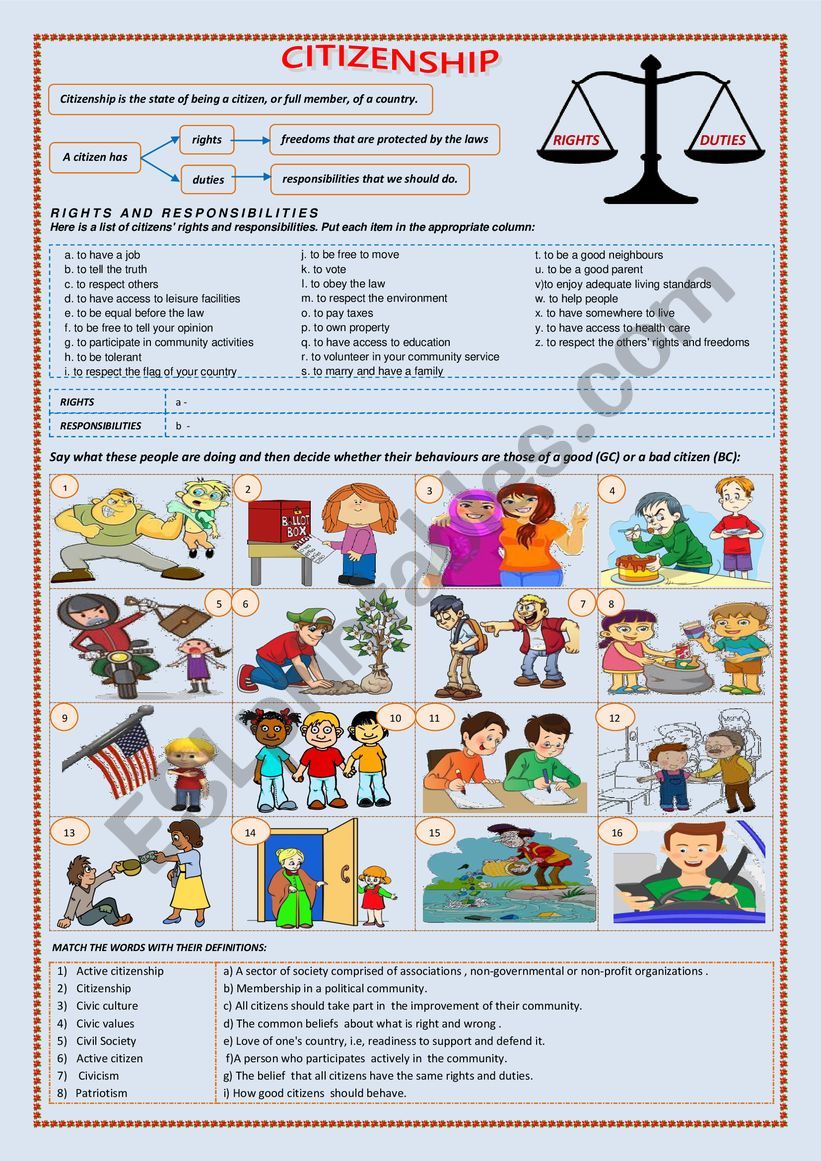 CITIZENSHIP: RIGHTS AND RESPONSIBILITIES - ESL worksheet by benyoness