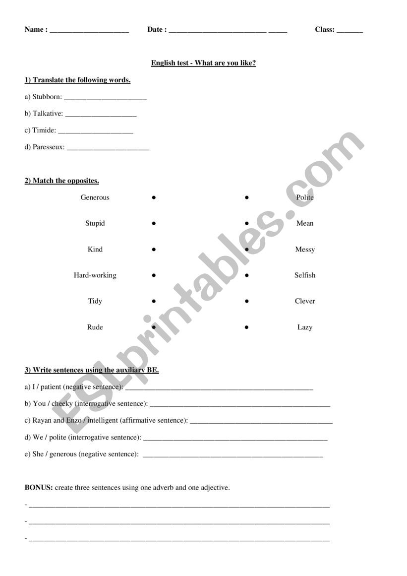 Test on personality worksheet