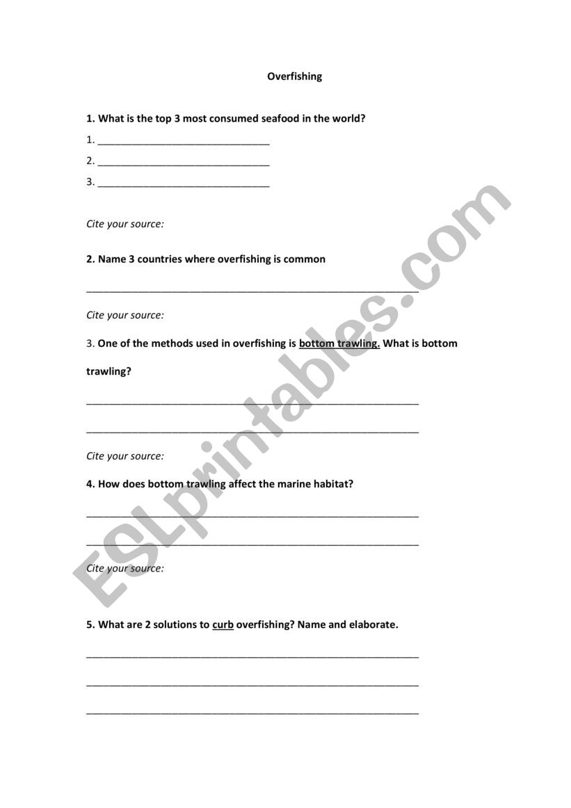 Overfishing worksheet