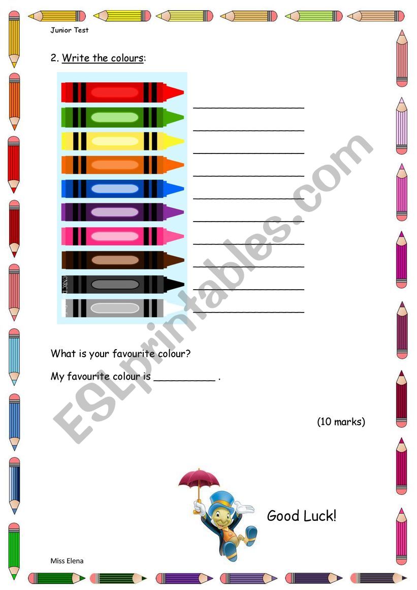 test : colours and numbers worksheet
