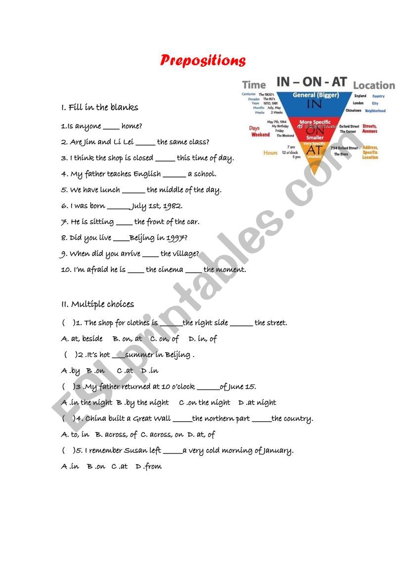 Prepositions worksheet