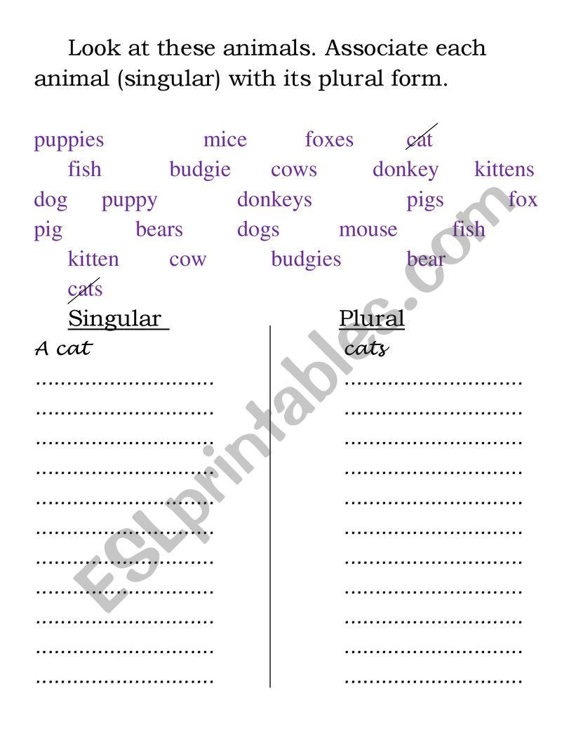 Work on plurals with animals worksheet