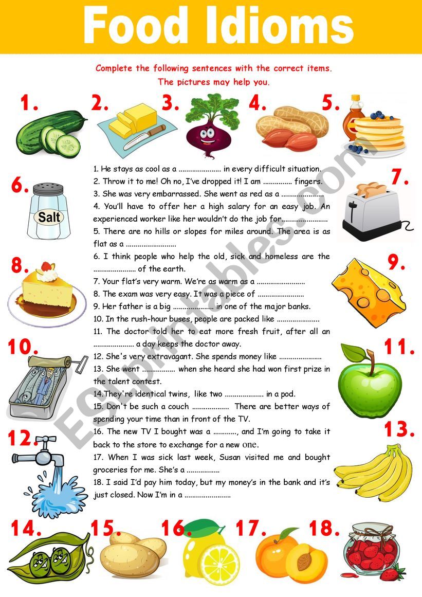 food idioms esl worksheet by solnechnaya