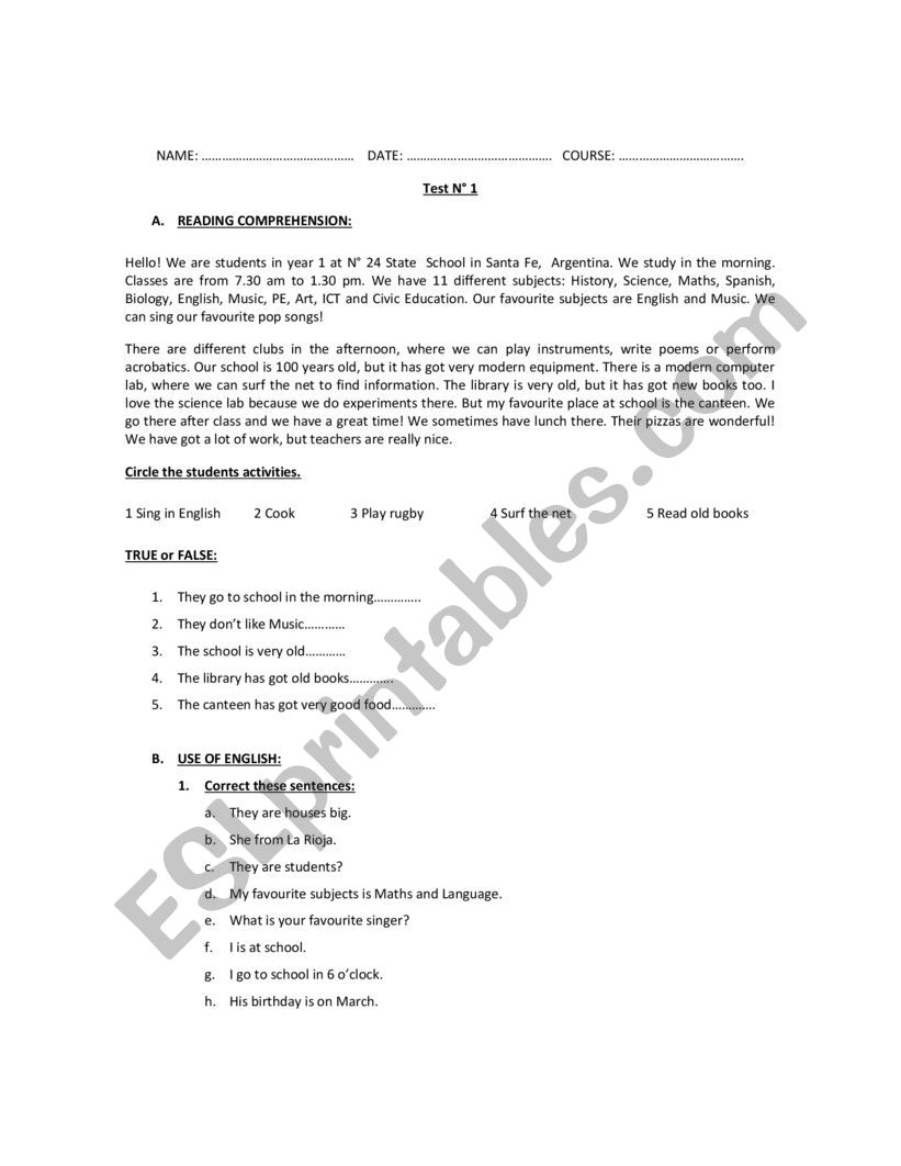 FULL ELEMENTARY TEST worksheet