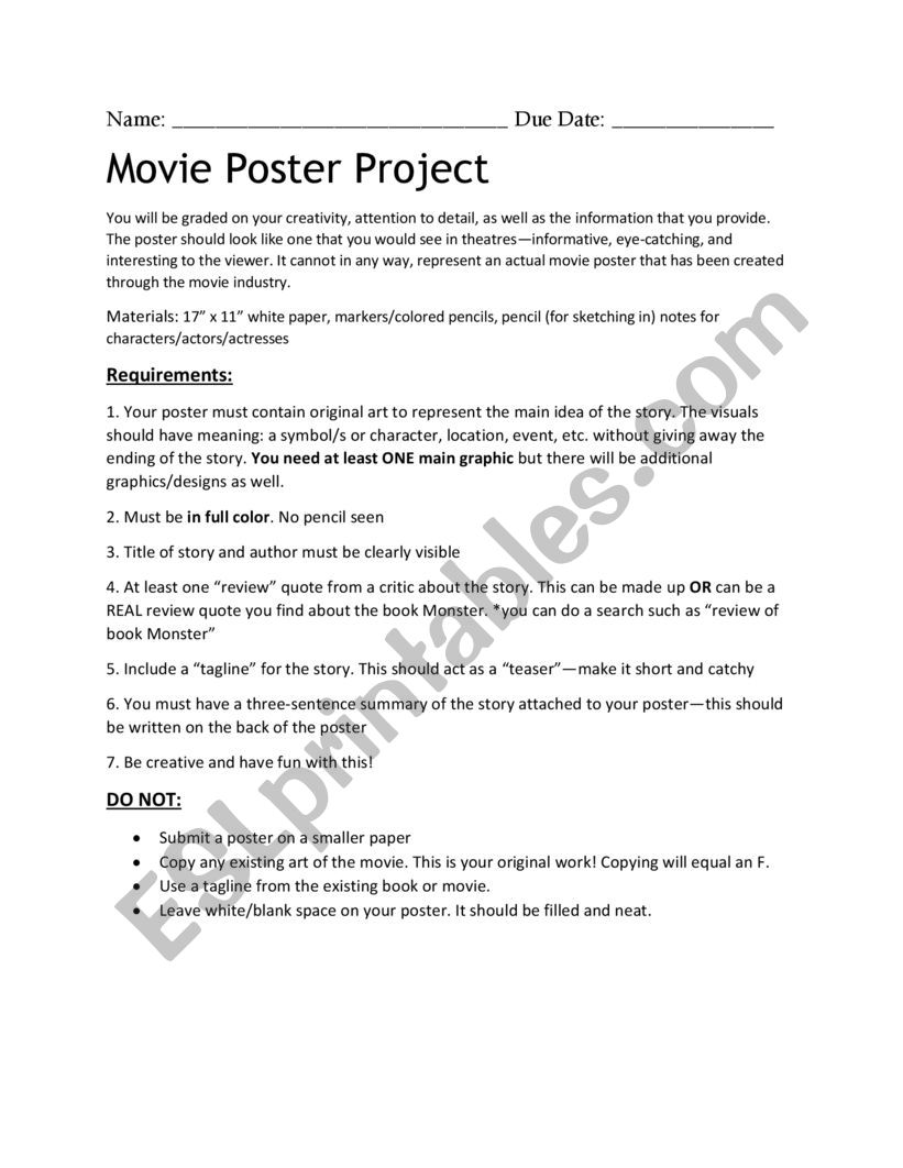 Movie Poster Project - ESL worksheet by nancymeller