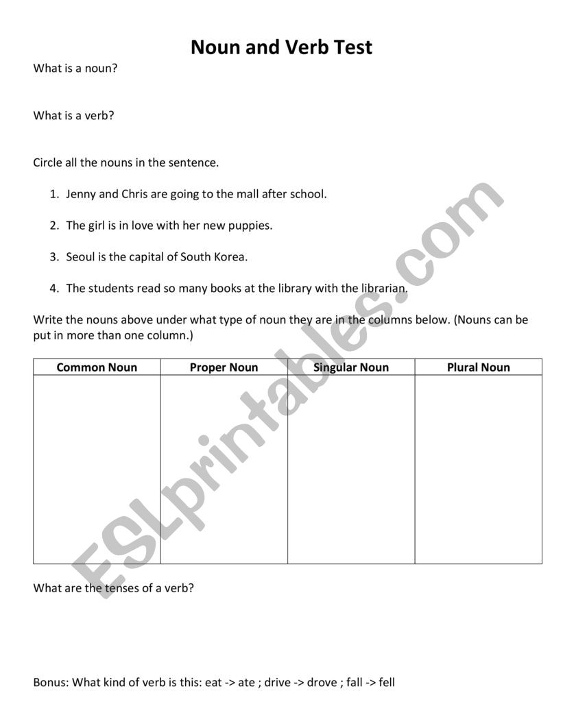 Noun and Verb Text  worksheet