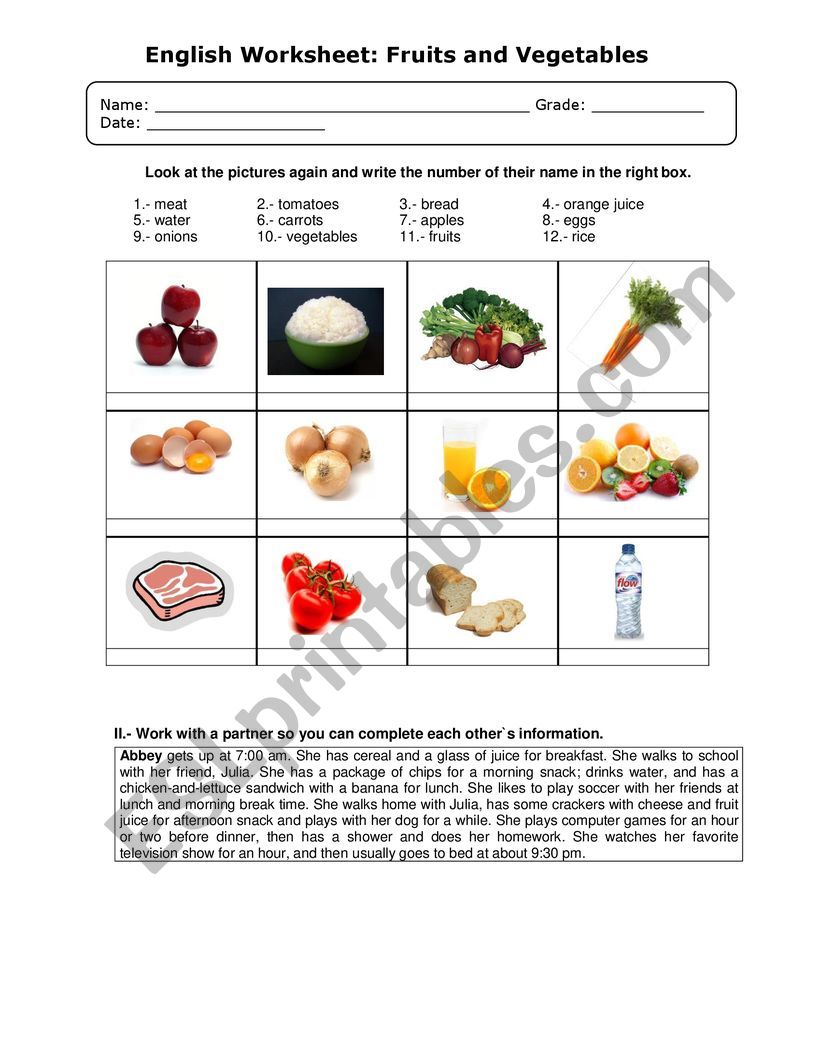 Food: Fruits and Vegetables worksheet