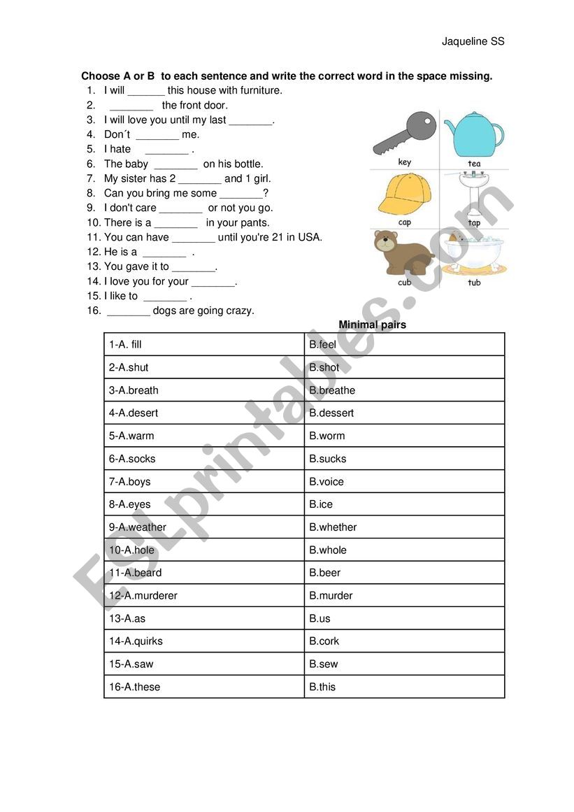 Minimal Pairs - ESL worksheet by Jaqueline.ss