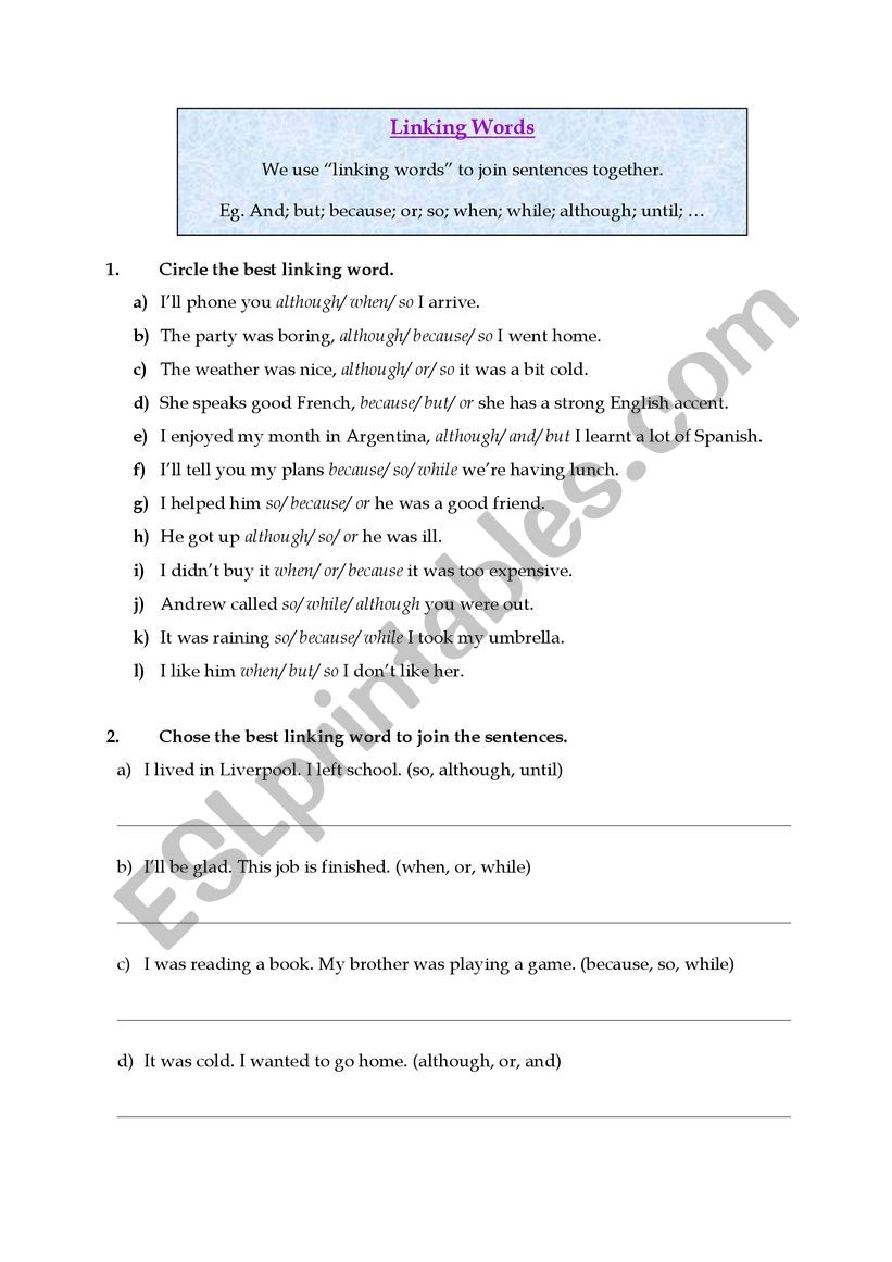 linking words worksheet