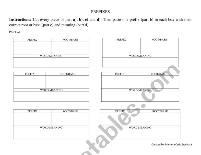 Prefixes table worksheet