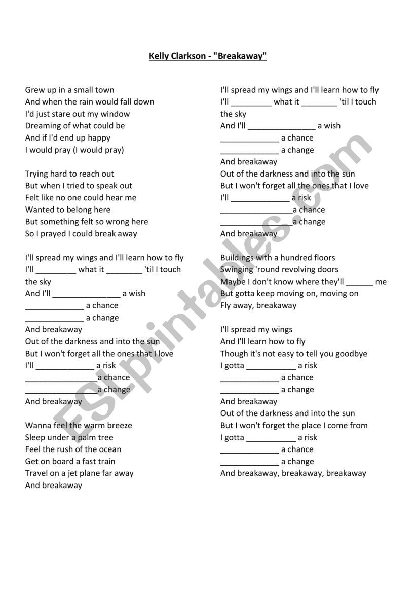 Breakaway - Kelly Clarkson worksheet