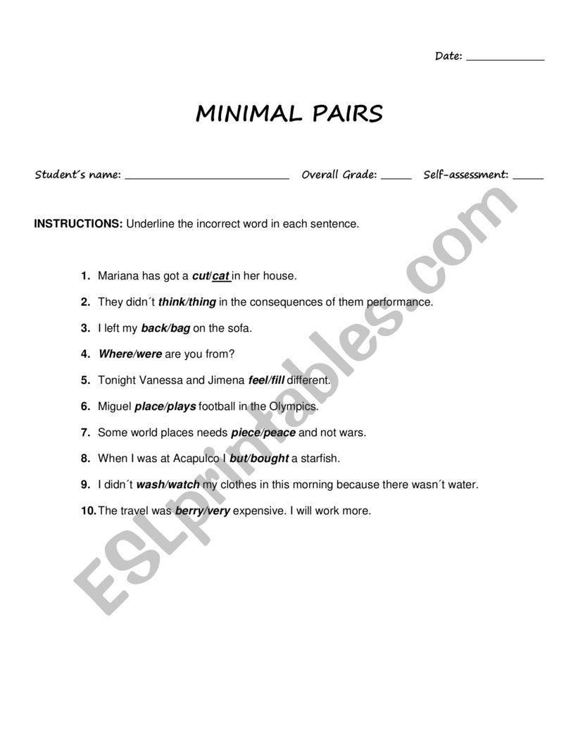 MINIMAL PAIRS EXERCISE worksheet