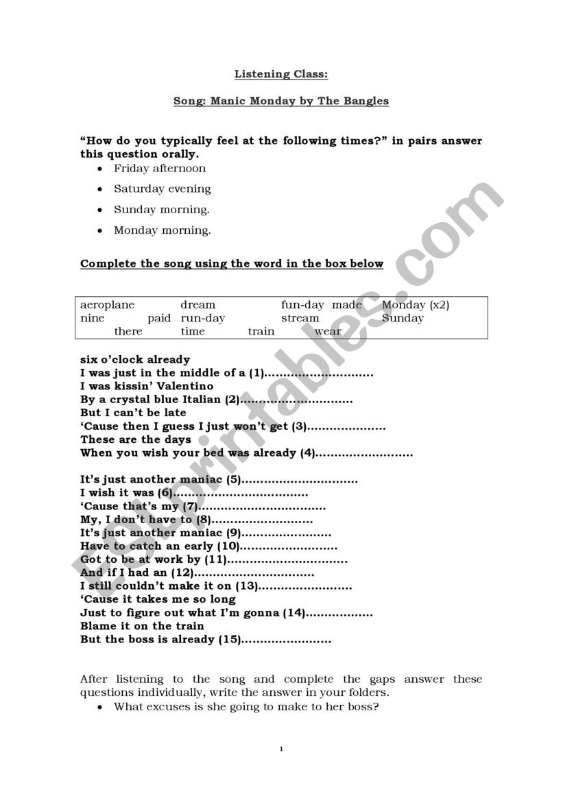 Listening Comprehension task worksheet