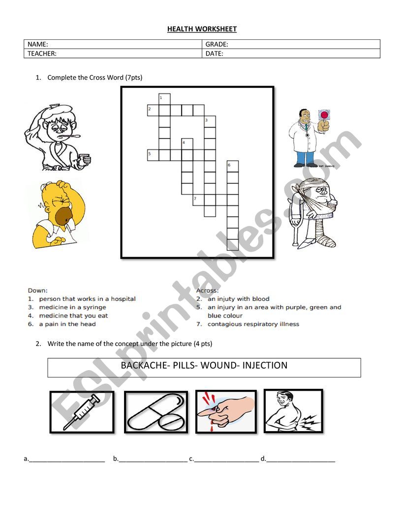 Health vocabulary activity worksheet